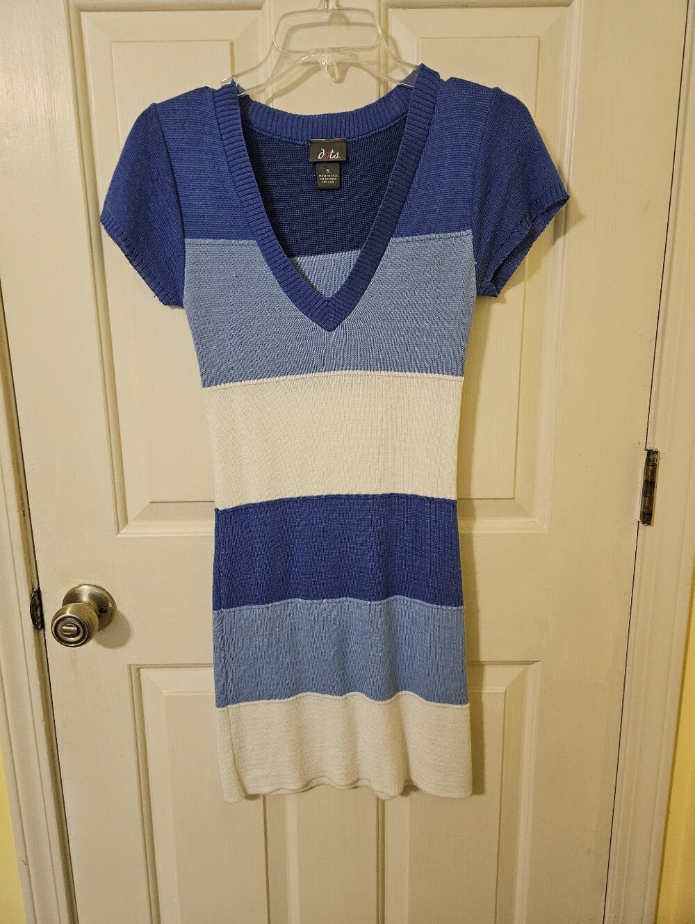 Blue and White Striped Sweater Knit V-Neck Dress